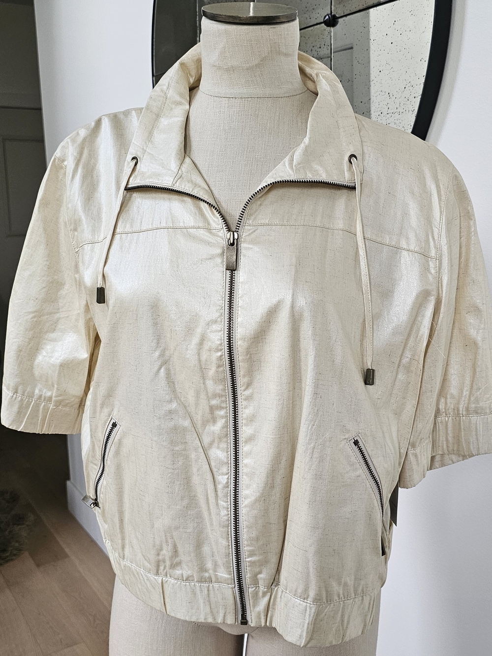 Zenergy Women's Cream 3/4 Sleeve Bomber Jacket with Zip Front Size S